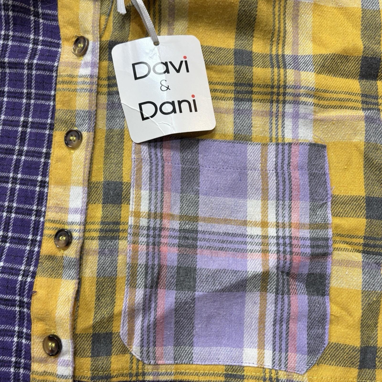 Davi & Dani Boutique Shacket Sz S Oversized Patchwork Flannel Plaid Raw Hem NEW