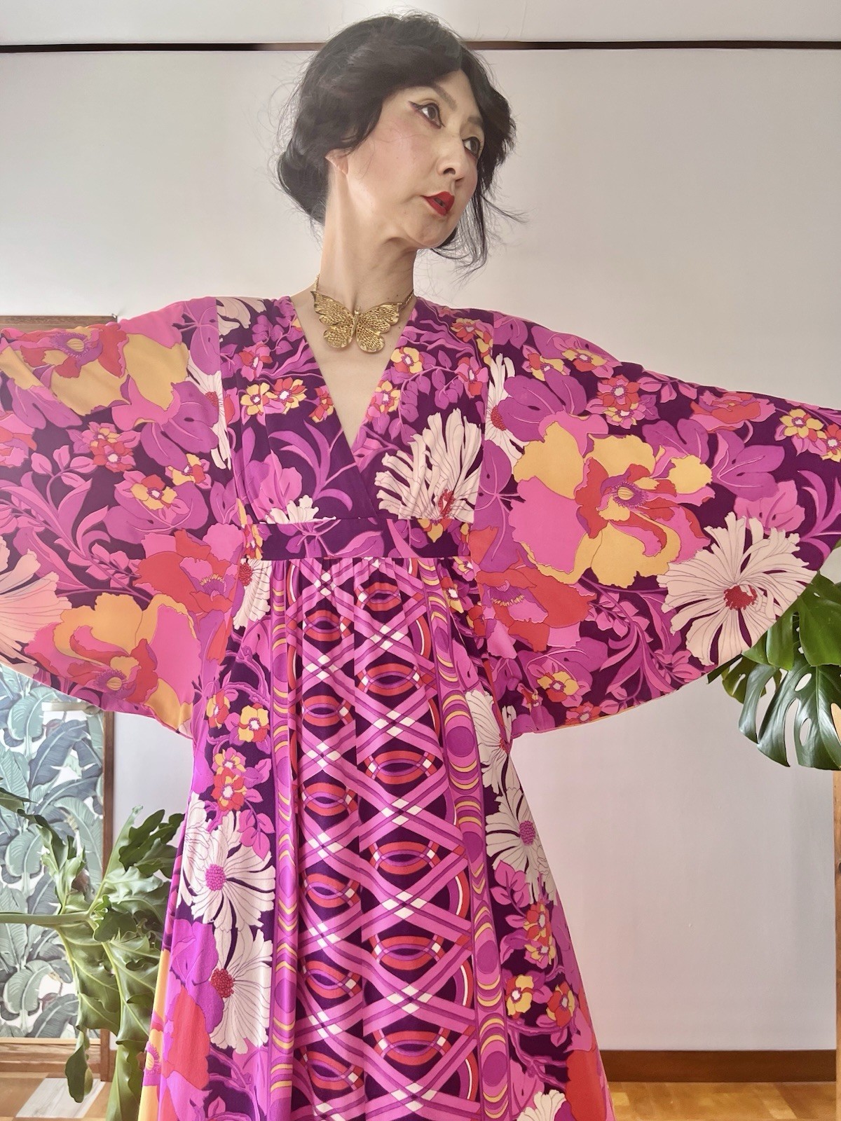 1970s Mr. B of California Psychedelic Floral Wing Sleeve Caftan Dress Maxi Gown