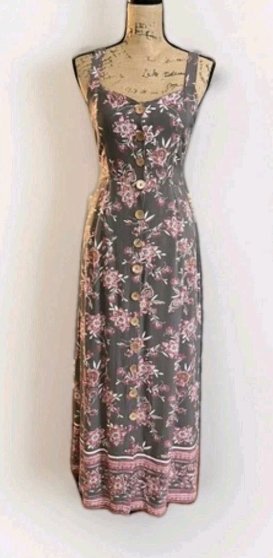 NEW Angie Boho Rayon Maxi Dress Tie Open Back NWT Gray Pink Floral S Sundress