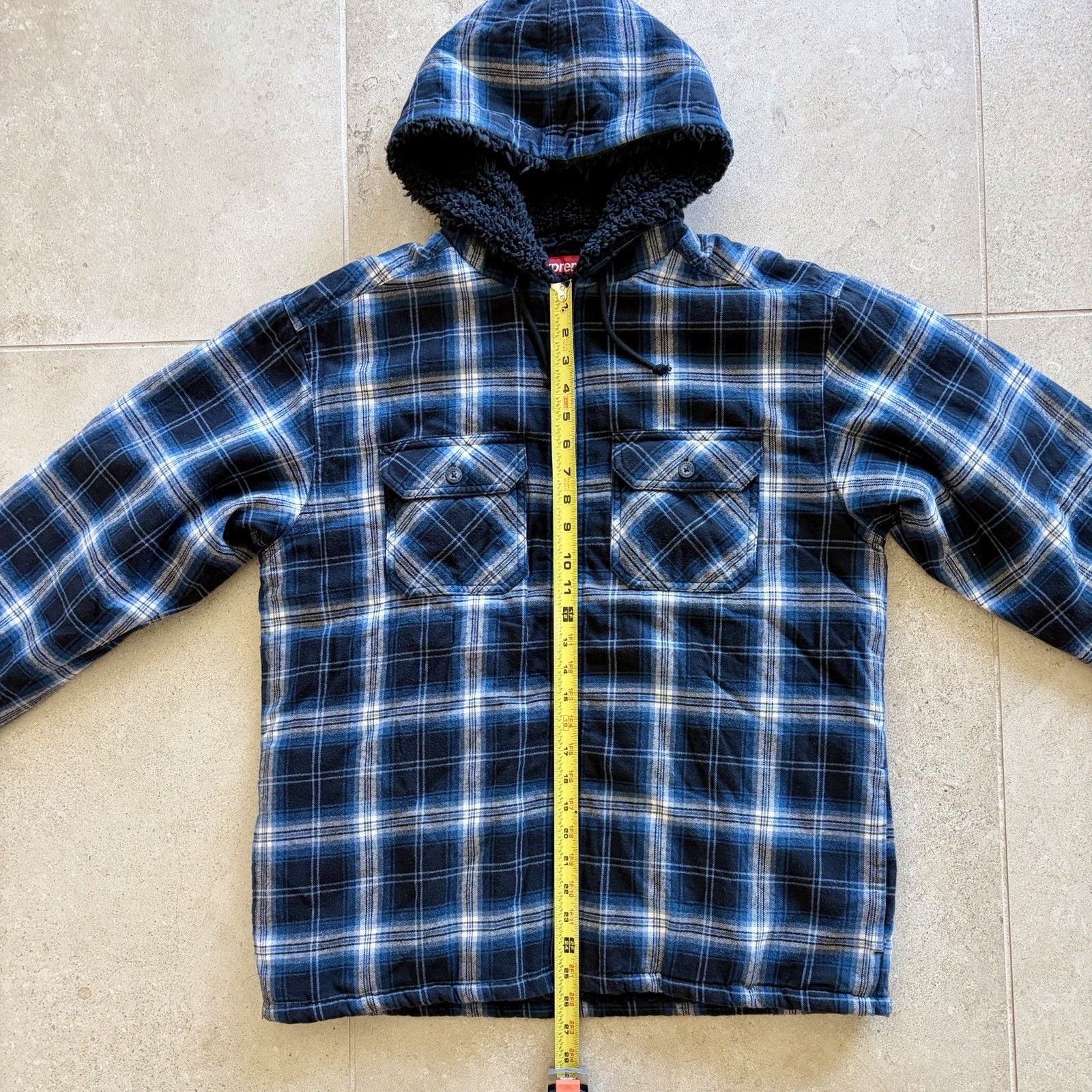 Supreme Men’s Plaid Hooded Zip Jacket Sherpa Lined Blue/Black/White M