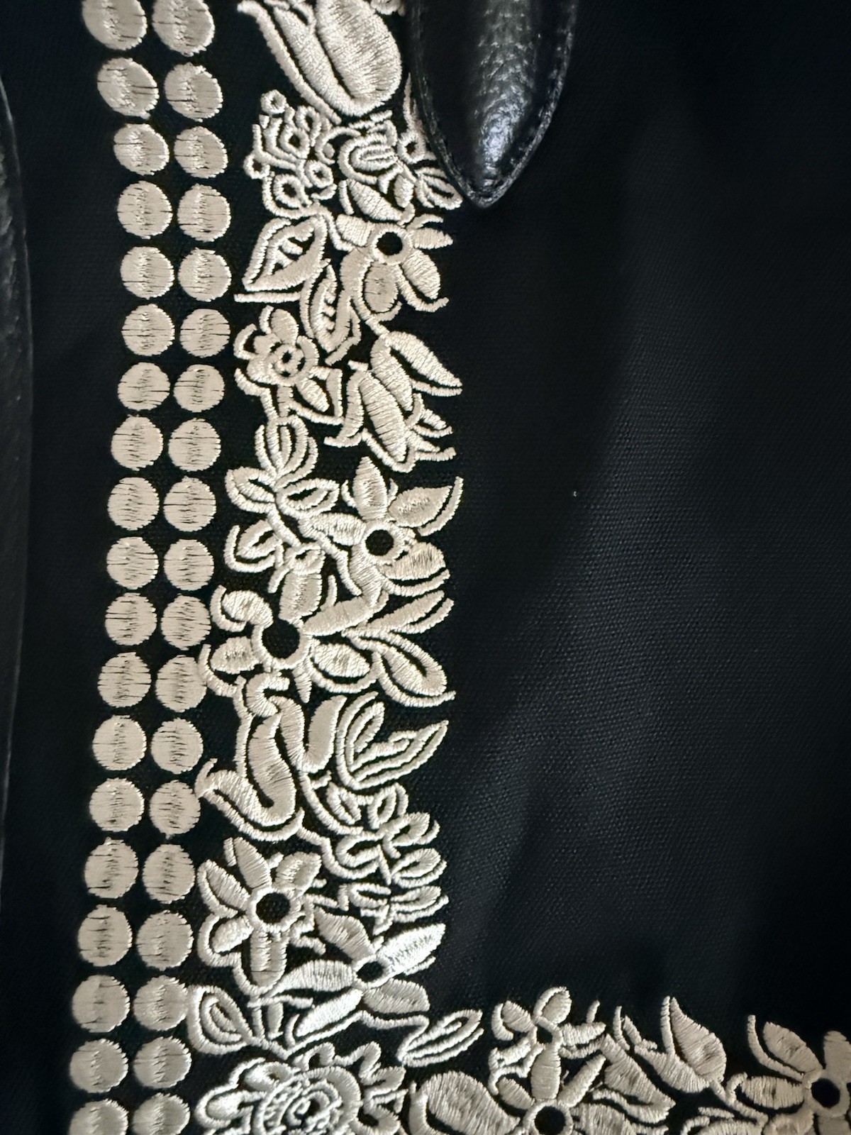 Anna Sui Black & White Floral Embroidered Tote Bag, Double Handles, Women