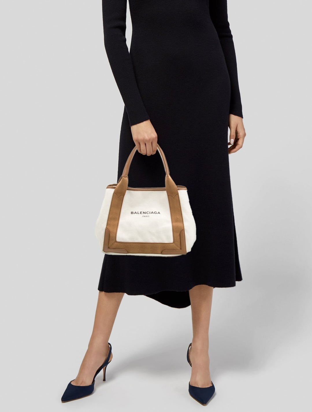 Balenciaga Navy Cabas Tote One Size Beige/Brown Canvas/Leather