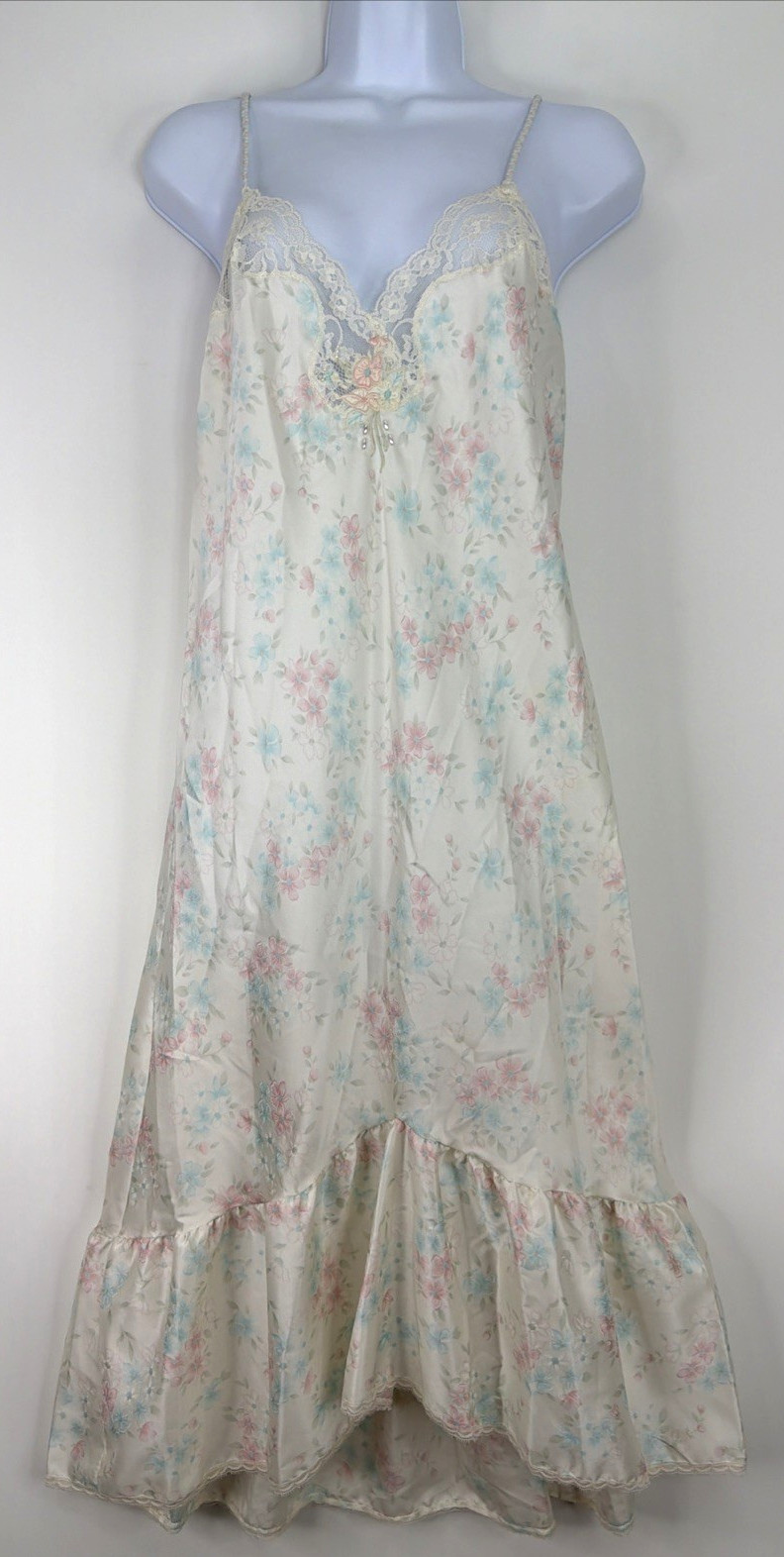 VTG Sara Beth Satin Poly Nightgown Robe Set Pink/Blue Floral Lace Bridal Small