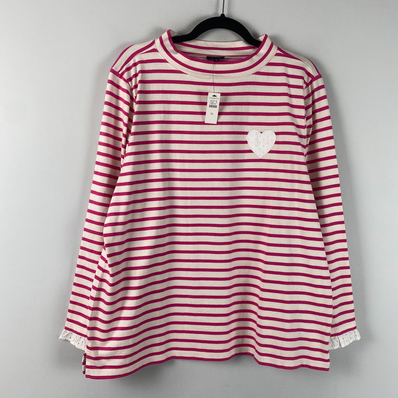 Talbots Pink Stripe Eyelet Trim Mockneck Top Womens XL Romantic Heart Cotton