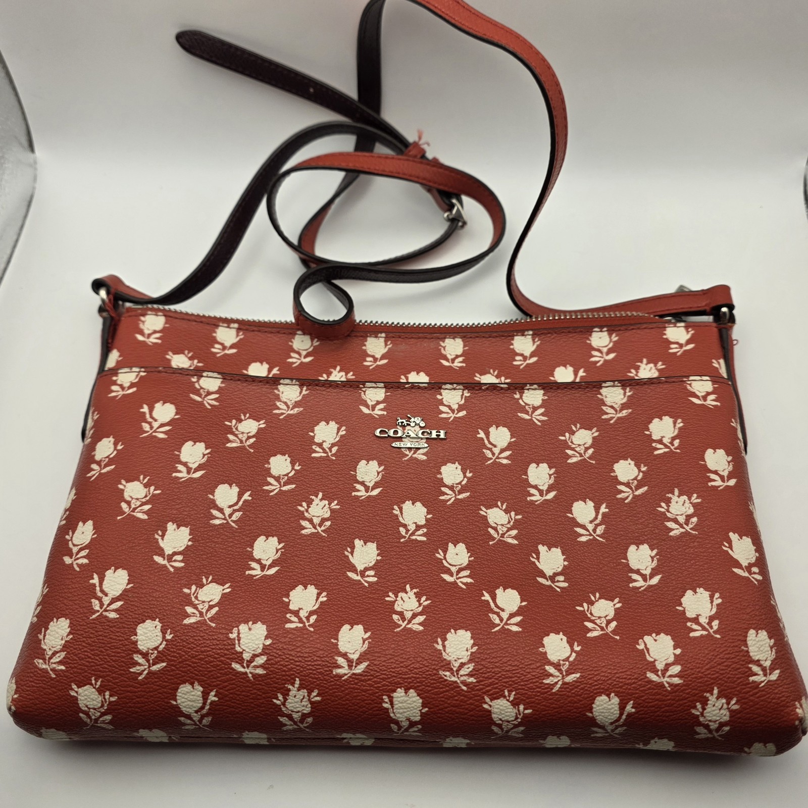 Coach East West Floral Series Badlands Red White Cross Body Messenger Bag