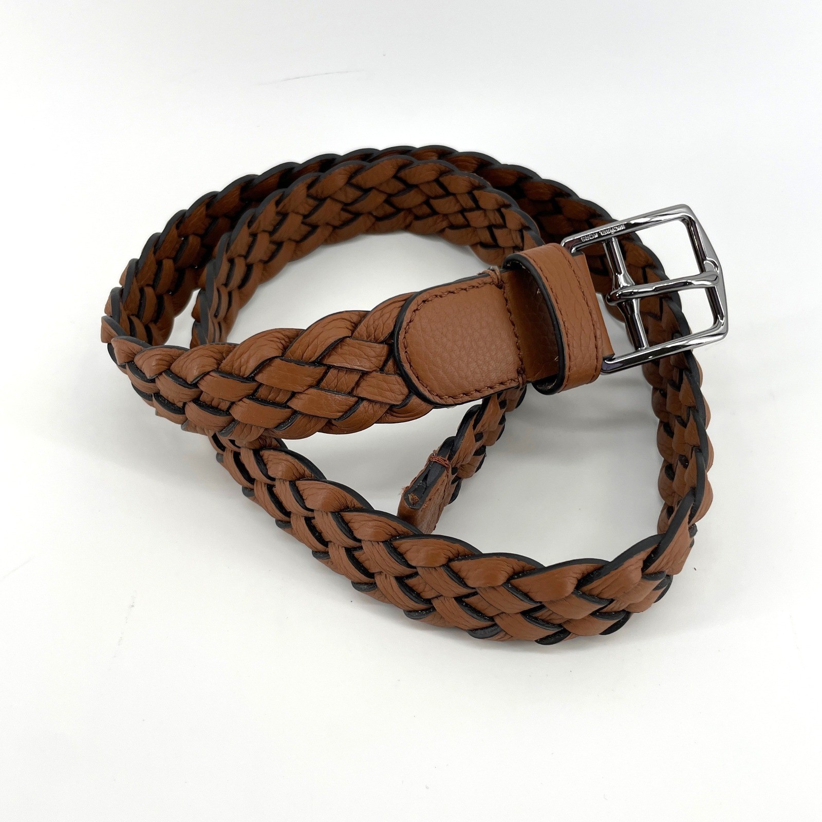 Michael Kors Mens Brown Braided Leather Belt Size 36 90cm Silver Buckle Woven