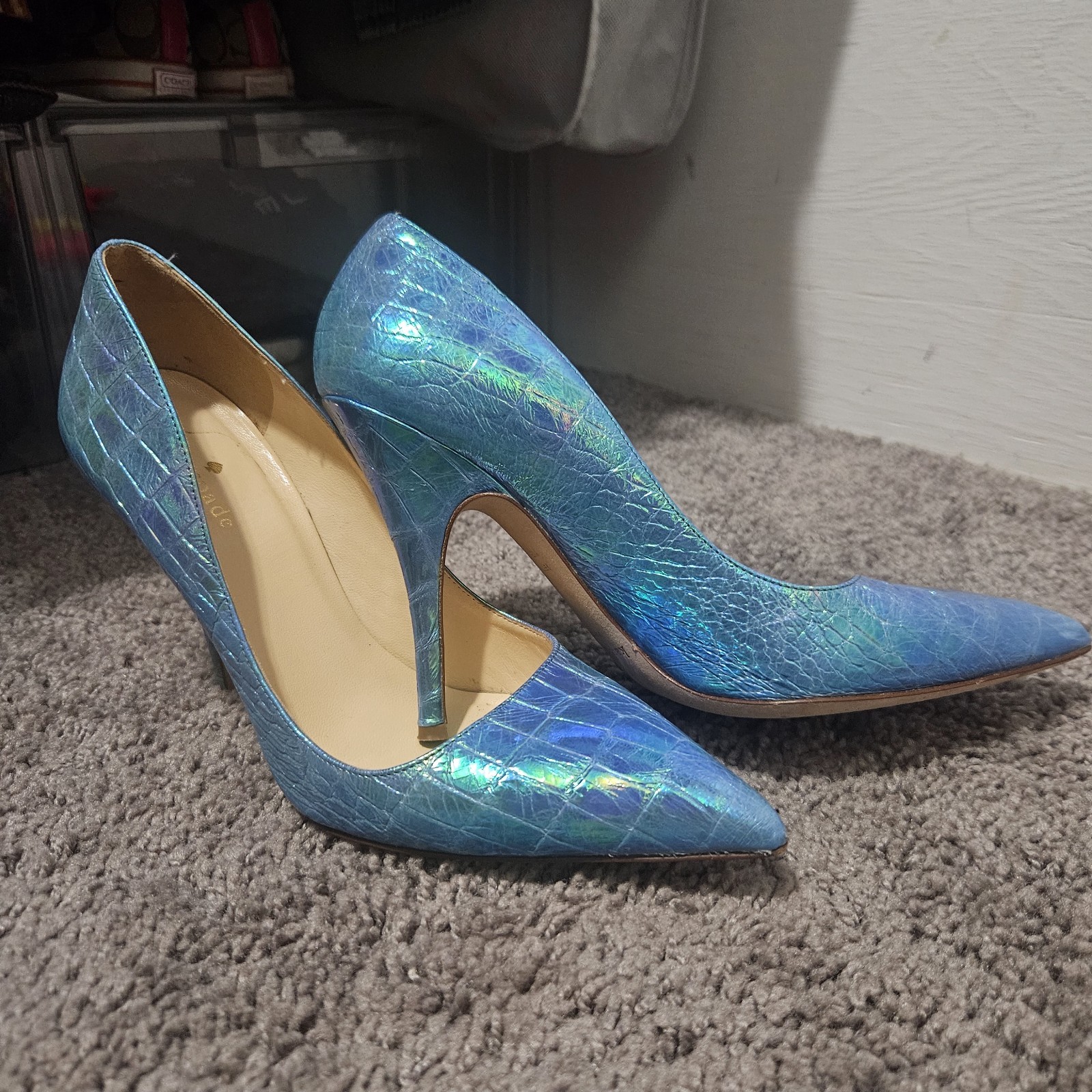 Blue Turquoise Croc Embossed Aquatic Pointy Toe Pump Leather Kate Spade Size 8