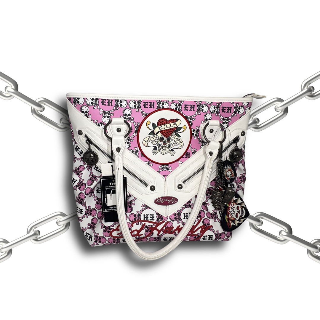 NWT Ed Hardy Pink and White Skull Rhinestone Love Kills Slowly Tote Bag Charm