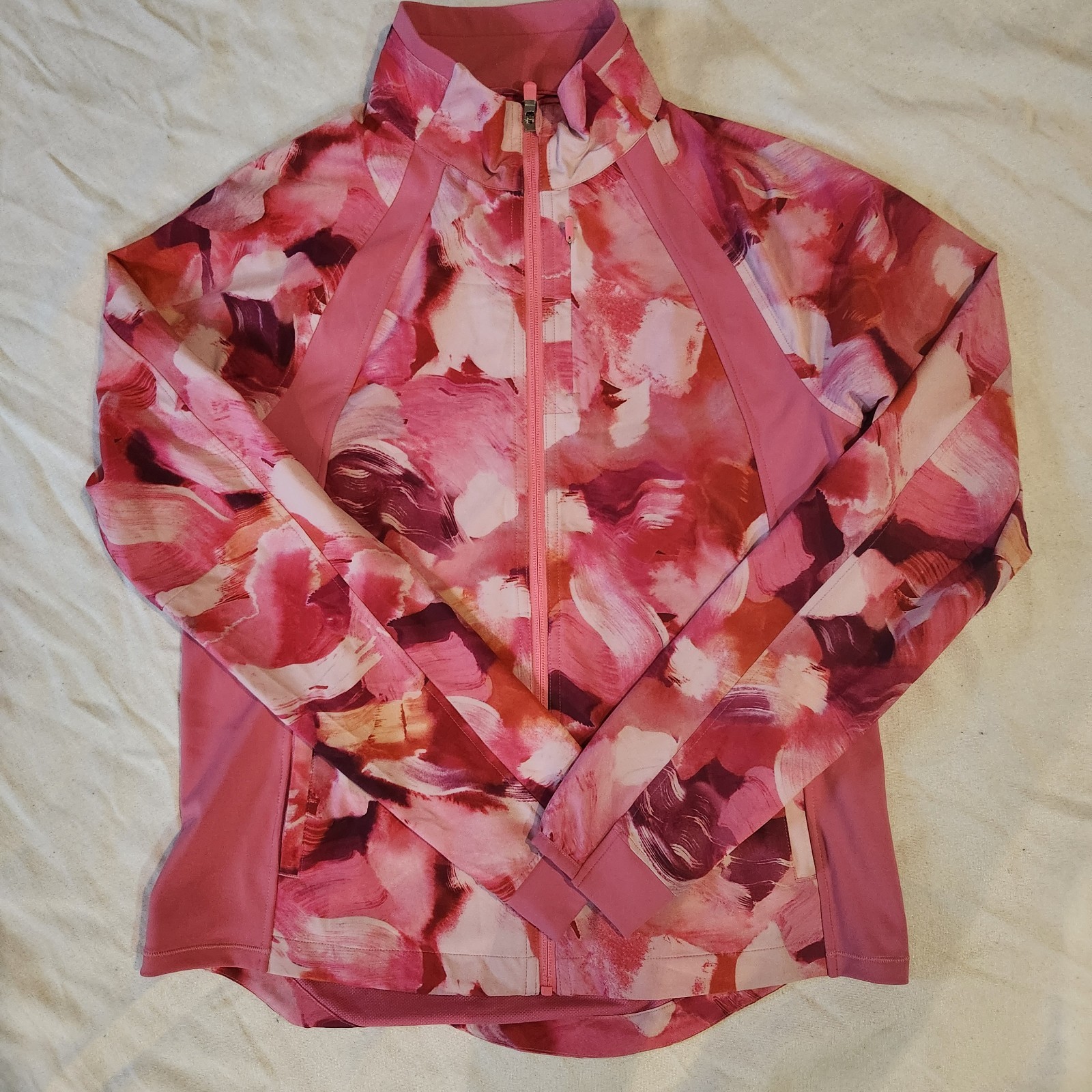 Athleta Run With It Printed Jacket Women Medium Full Zip Pink Floral Watercolor