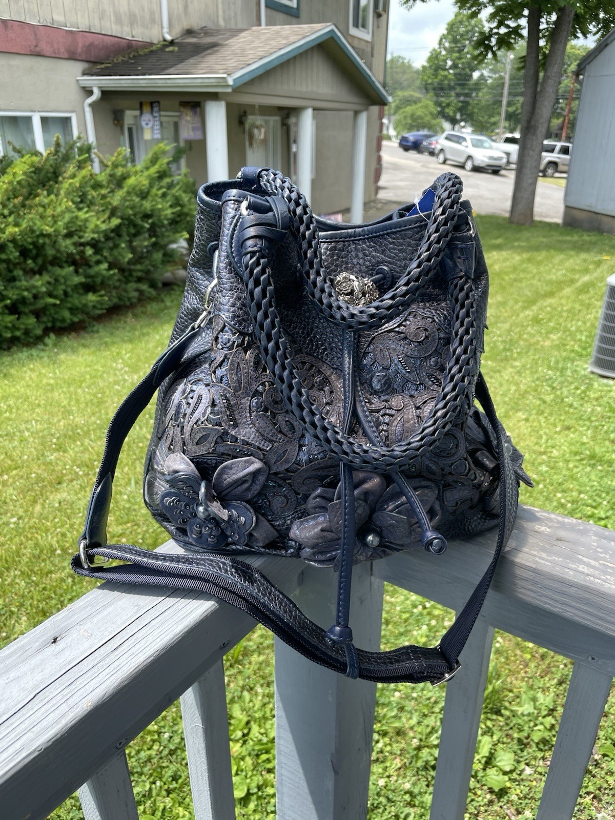 Brighton Blue Floral Beaded Applique Drawstring Bucket Shoulder Bag Strap