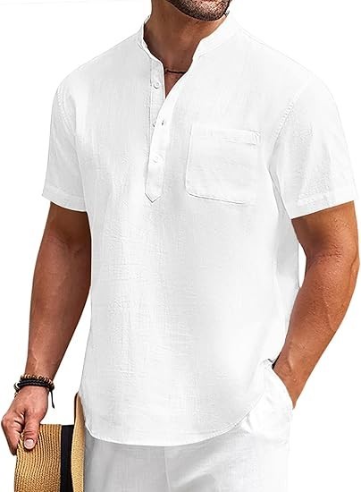 COOFANDY Men’s Cotton Linen Henley Shirt Short Sleeve Hippie Casual Beach L