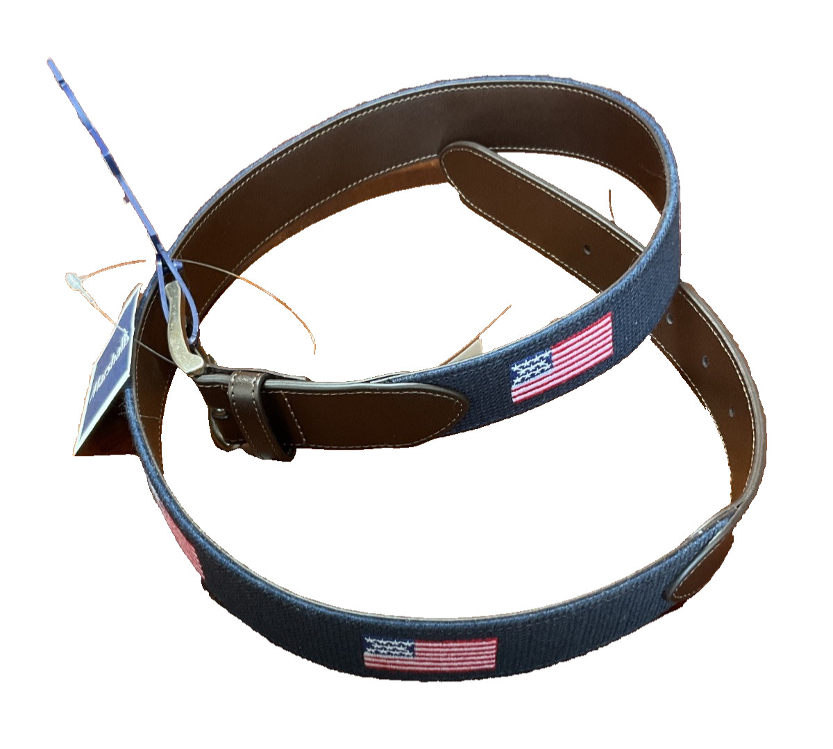 Penguin Men’s Belt Size MEDIUM 36 BLUE AMERICAN FLAG EMBROIDERED Woven NWT