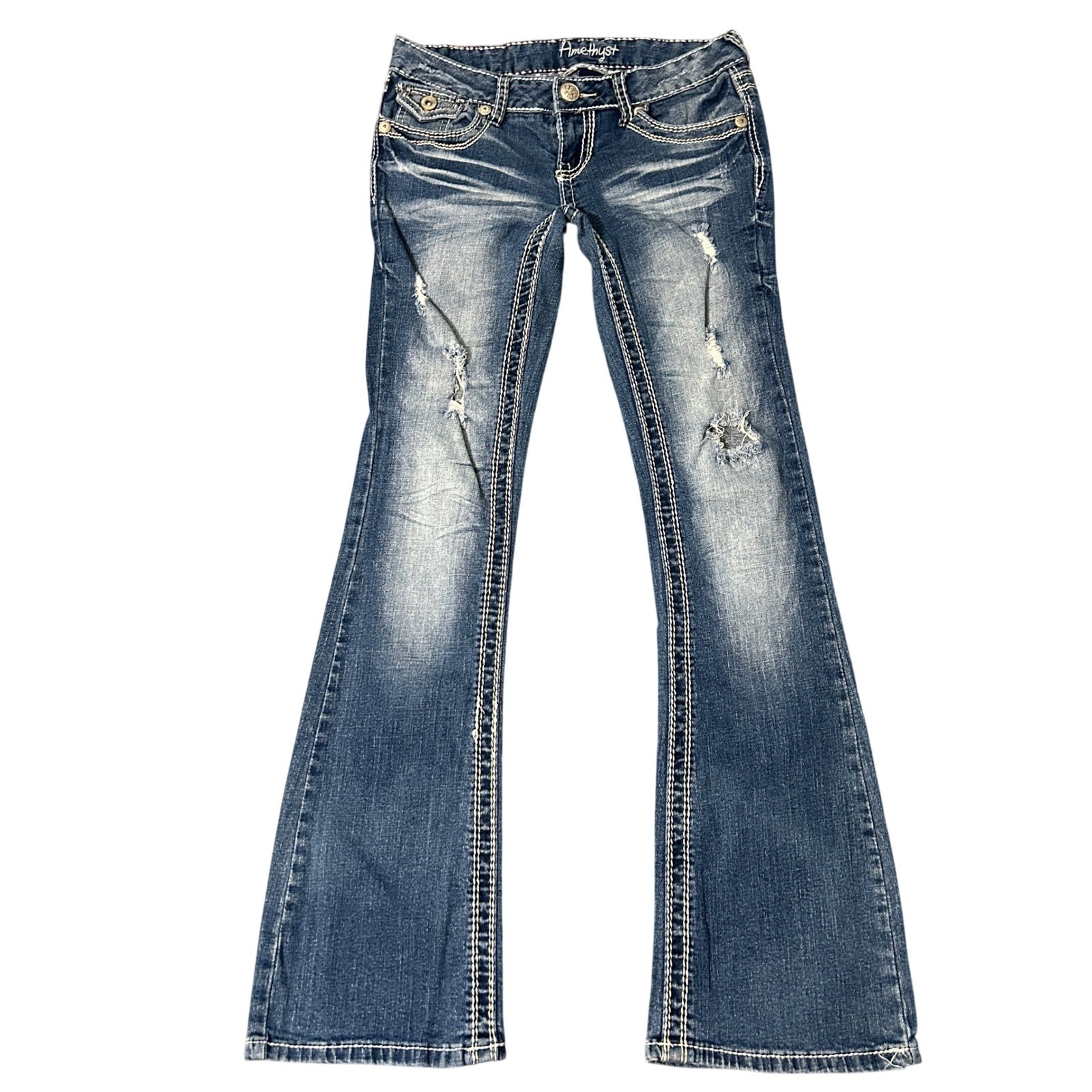 Amethyst Jeans Womens 1 Bootcut Low Rise Flare Distressed Contrast Stitch 28×29