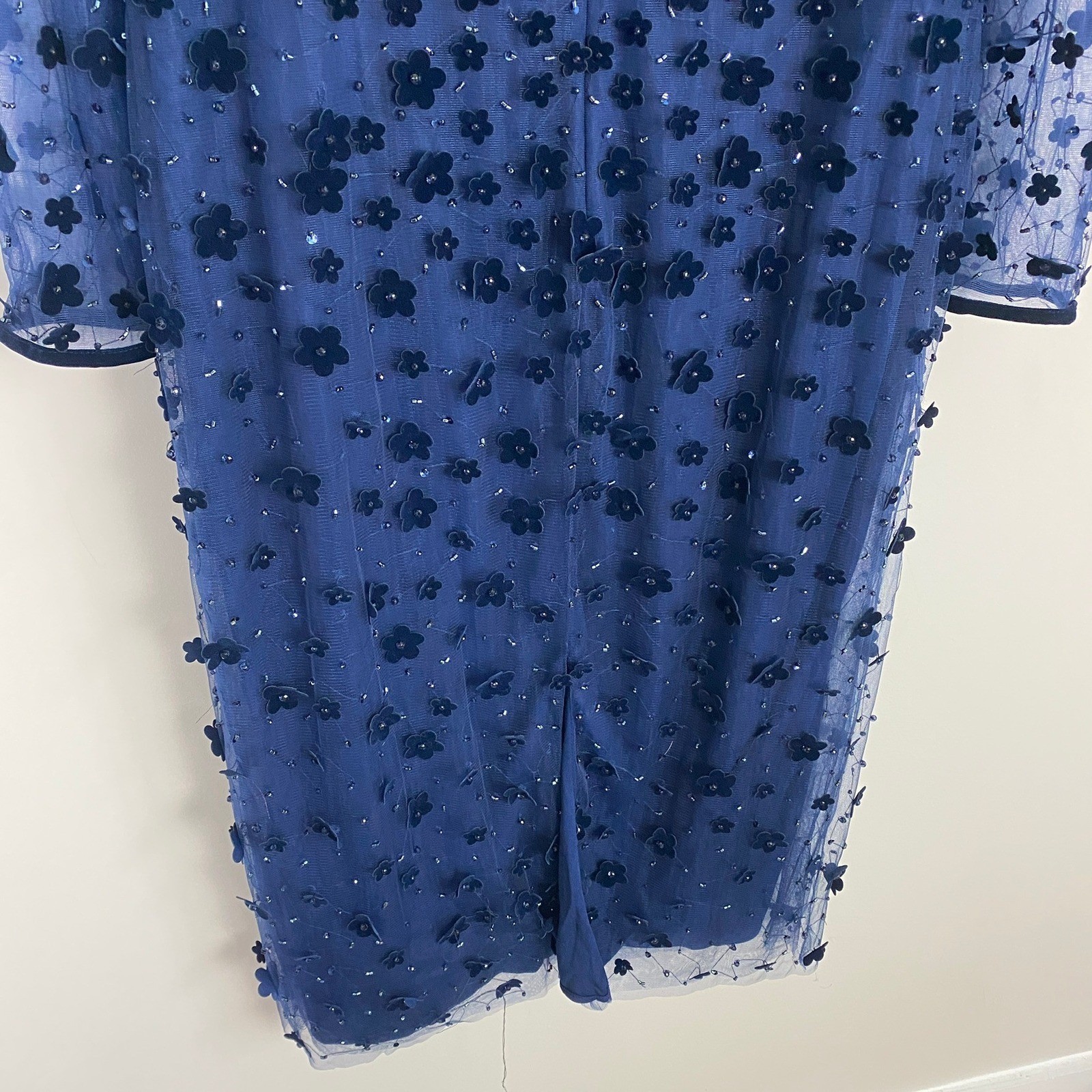 Mac Duggal 3D Floral Beaded Cocktail Dress Womens 18 Navy Blue Velvet Sheer