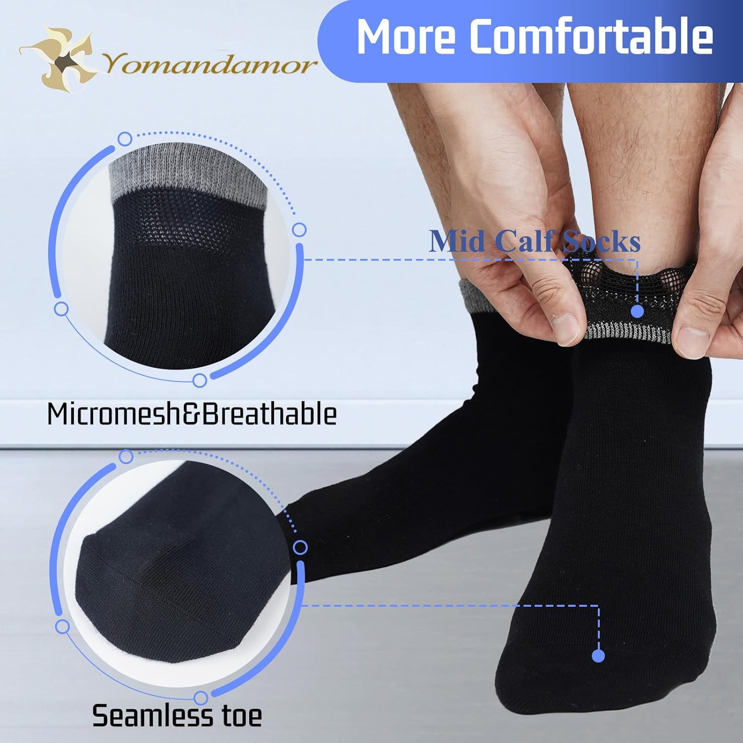 Men’s Diabetic Socks Seamless Toe Mid Calf 6 Pairs Size L