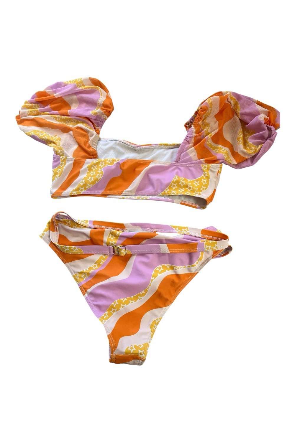 Women’s S 2-Piece Geometric Bikini Set Bandeau Puff Sleeve Top Buckle Bottom