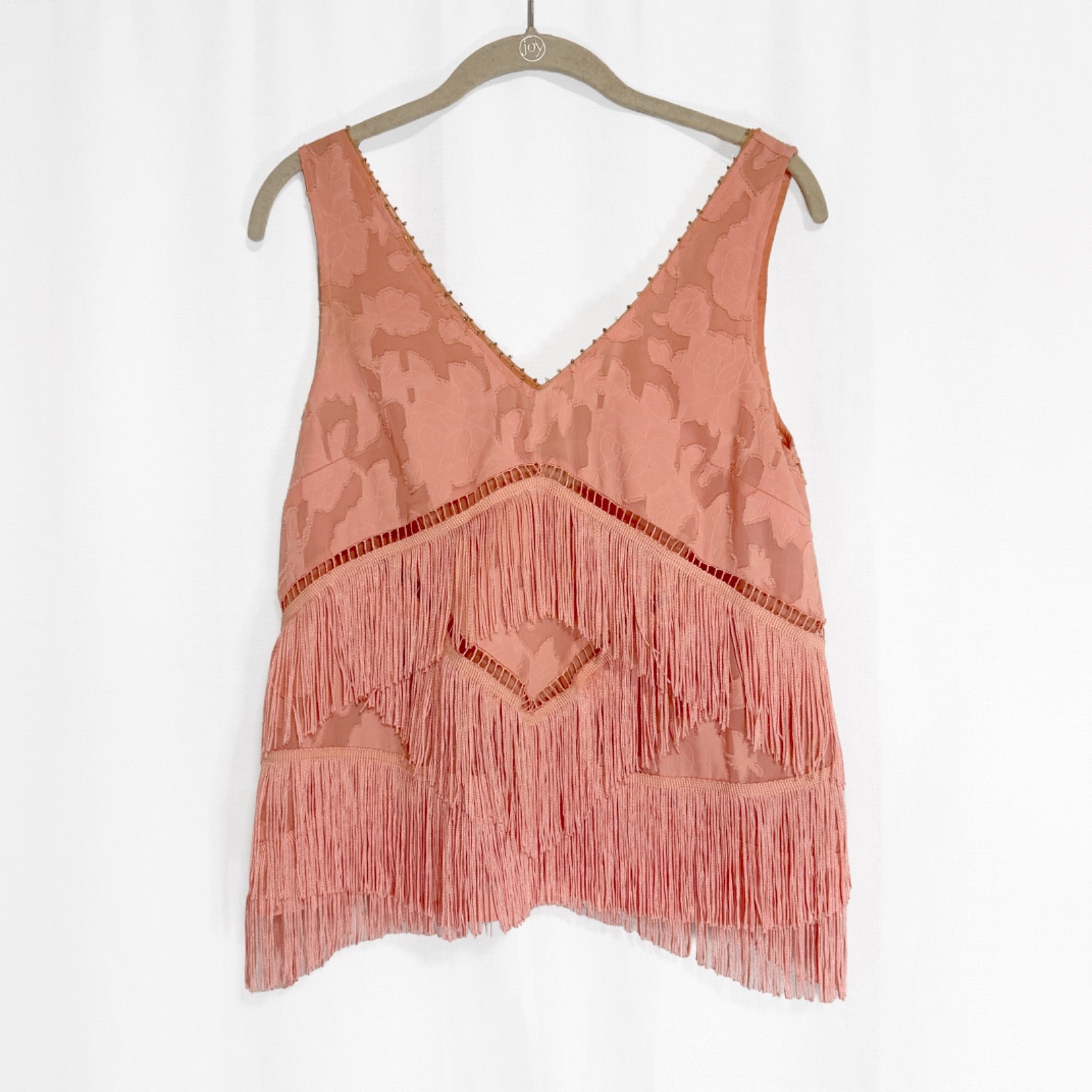 Anthropologie HD in Paris Peach Boho Beaded and Fringed Shell Tank Top Size 2