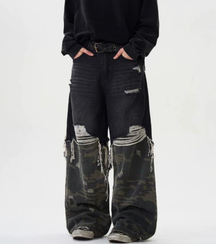 Men Black Camouflage Mixed Denim Jeans Straight Leg Casual Punk Hip Hop Trousers