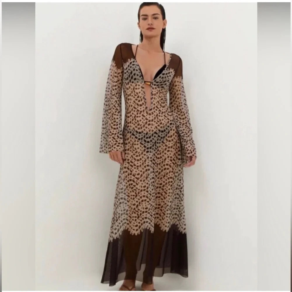 Caroline Constas Lidi Mesh Cover Up Maxi Dress S Brown Resort Beach Boho New
