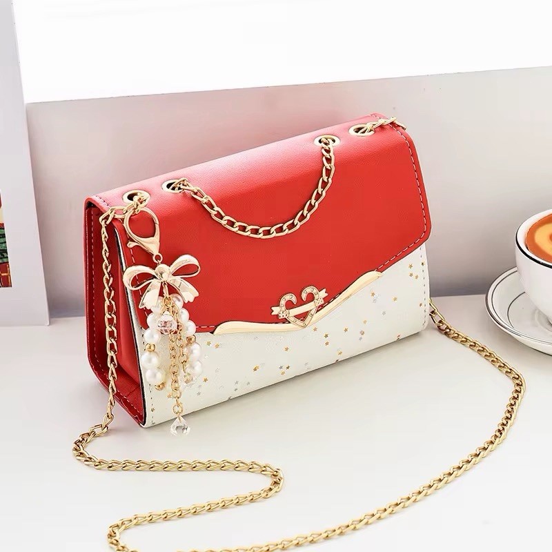 Women Red/White Rectangle Crossbody Bag Gold Chain Strap Bow Accent