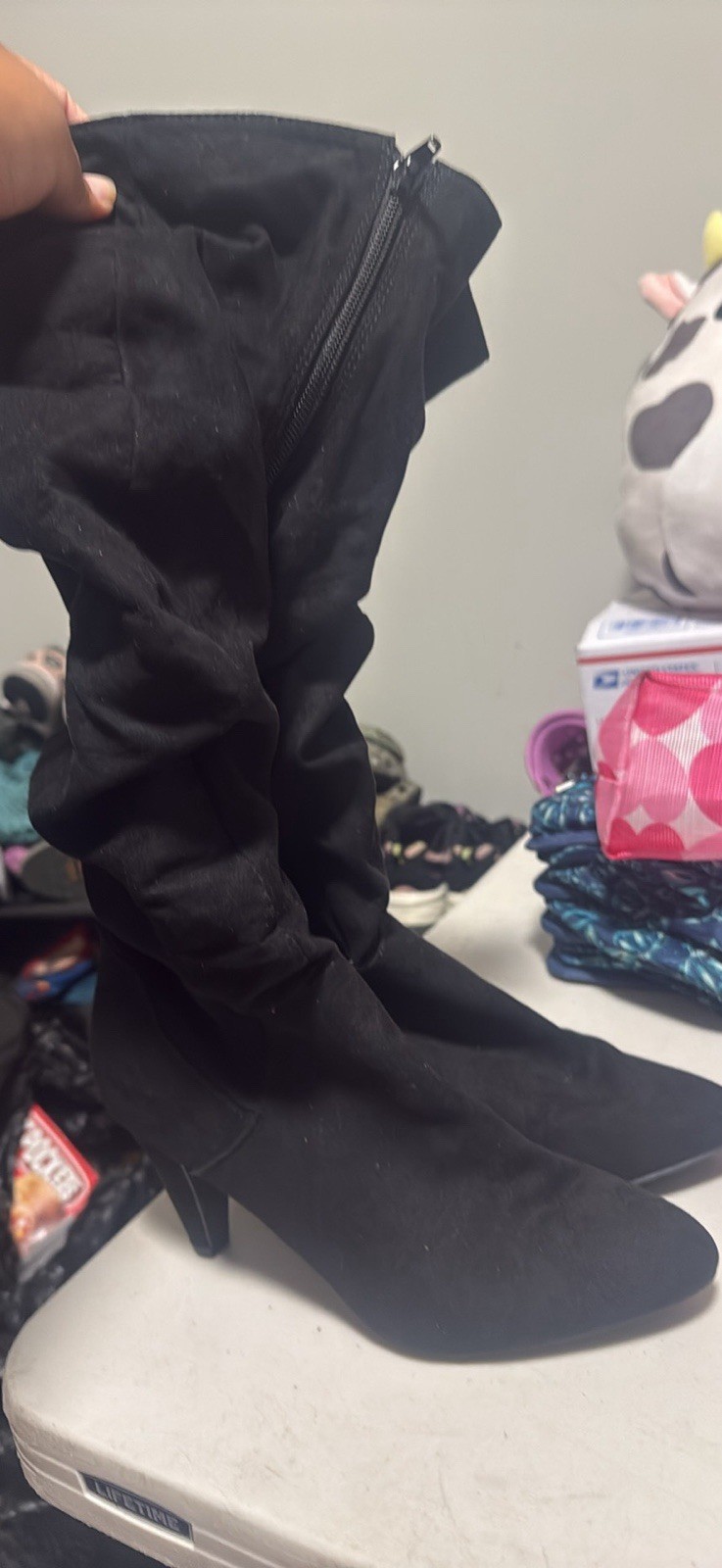 Women’s Knee High Black Suede Riding Boots Almond Toe Zip US 9.5