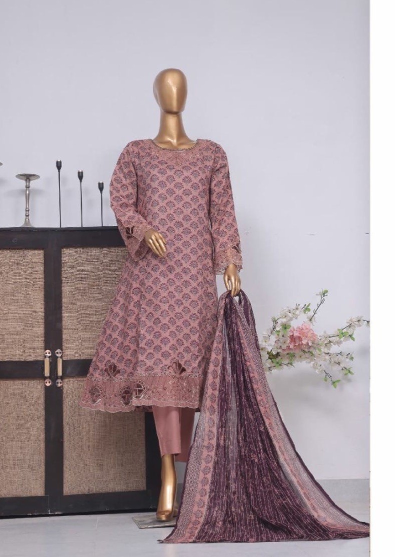 Bin Saeed Lawn Cotton 3 Pc Suit-Premium Cut Work Emb- Aline Style-M & L – $42