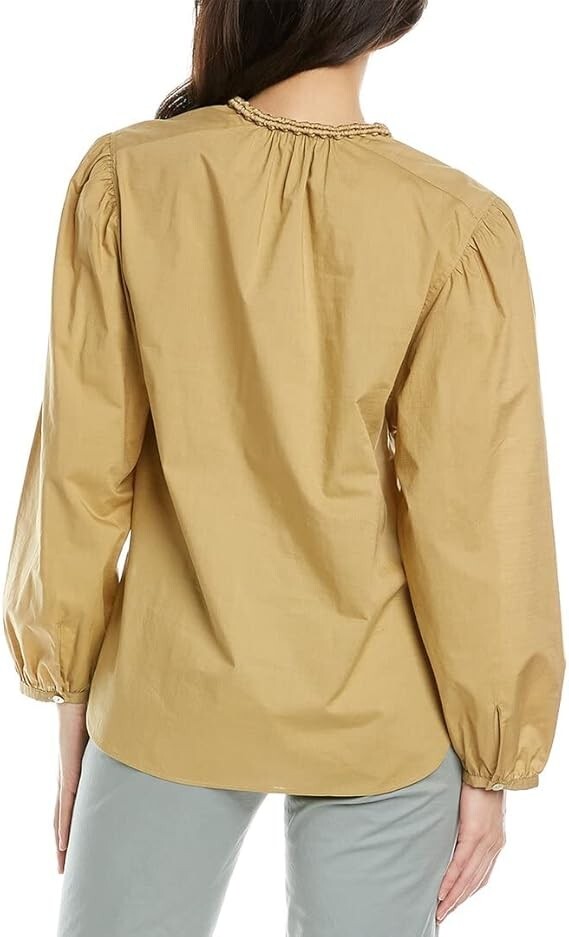 NWT Vince Women’s Braid Trim Band Collar Blouse Button Down in Jute Tan Size L