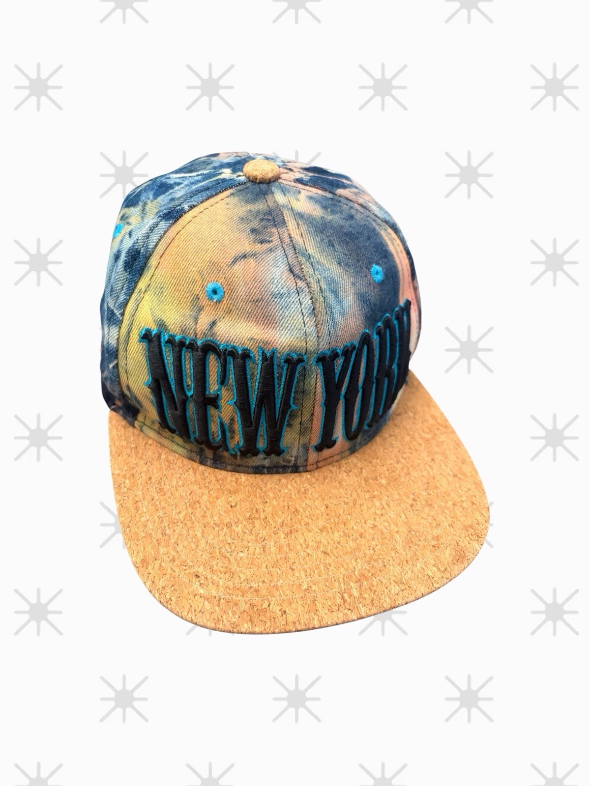 Muka New York Snapback Hat Tie Dye Cork Brim Blue Black Streetwear Cap NWOT