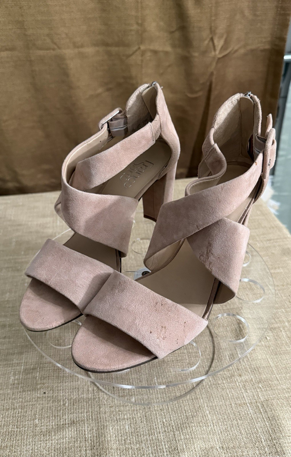 Franco Sarto Beige Leather Strappy Block Heel Sandals Women’s 7.5M Ankle Strap