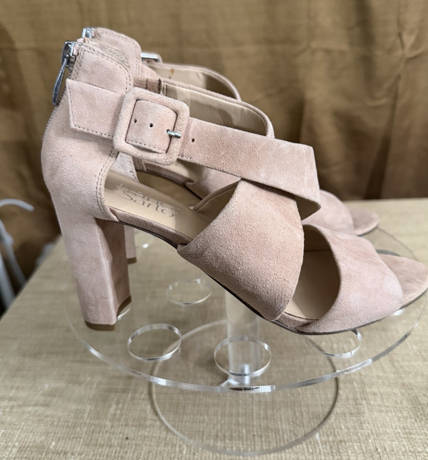 Franco Sarto Beige Leather Strappy Block Heel Sandals Women’s 7.5M Ankle Strap