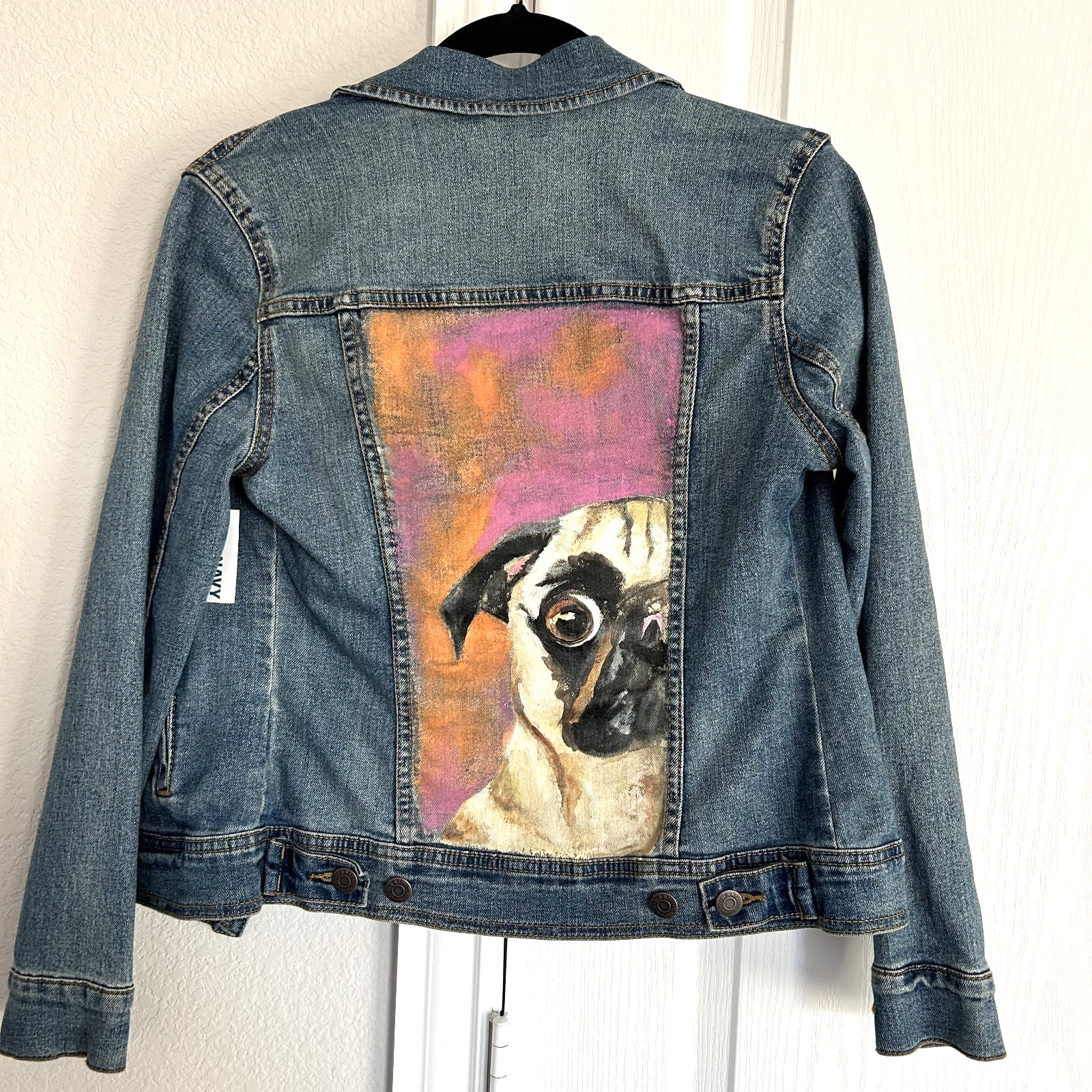 Hand Painted Pug Dog Jean Jacket Womens XS Denim Art to Wear OOAK New w/Tags