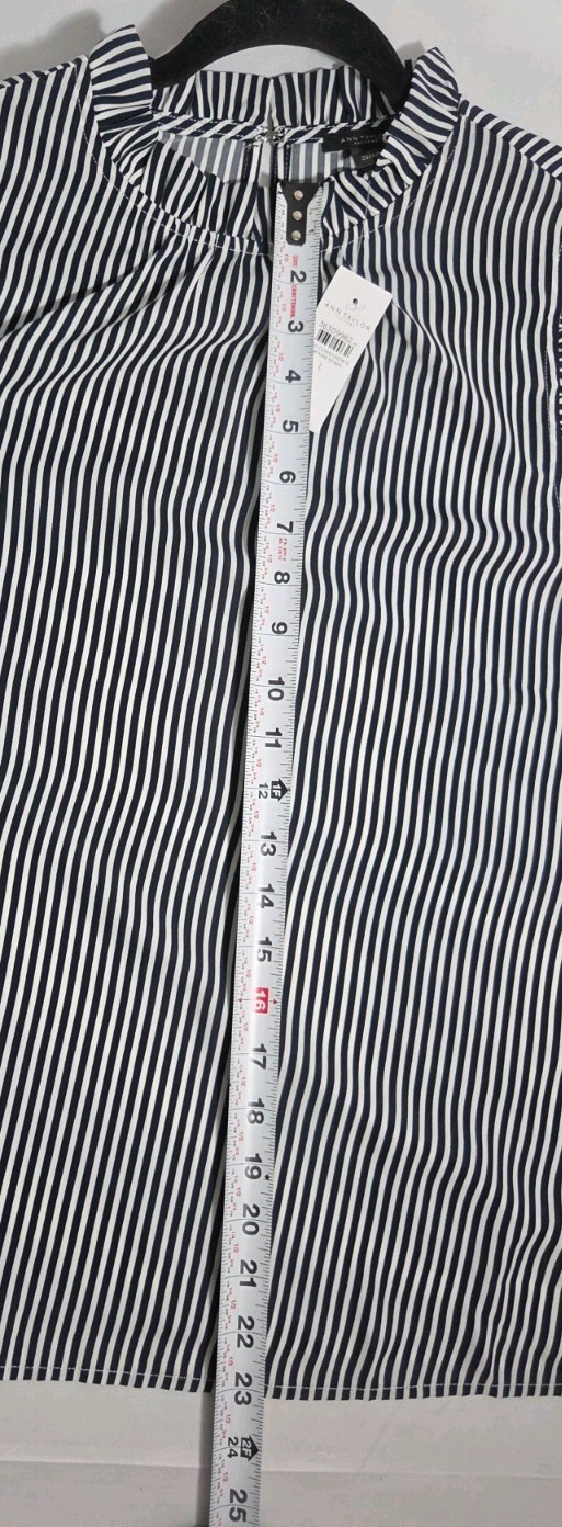 Ann Taylor Factory Black/White Striped Sleeveless Ruffle High Neck Blouse L