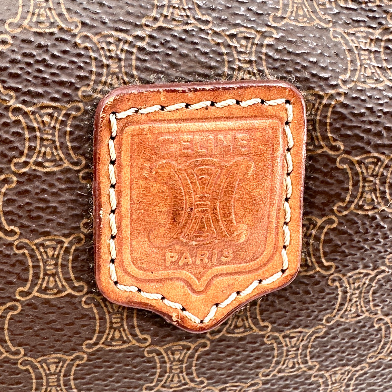 CELINE Macadam PVC Leather Cosmetic Pouch Vanity Brown Gold Auth