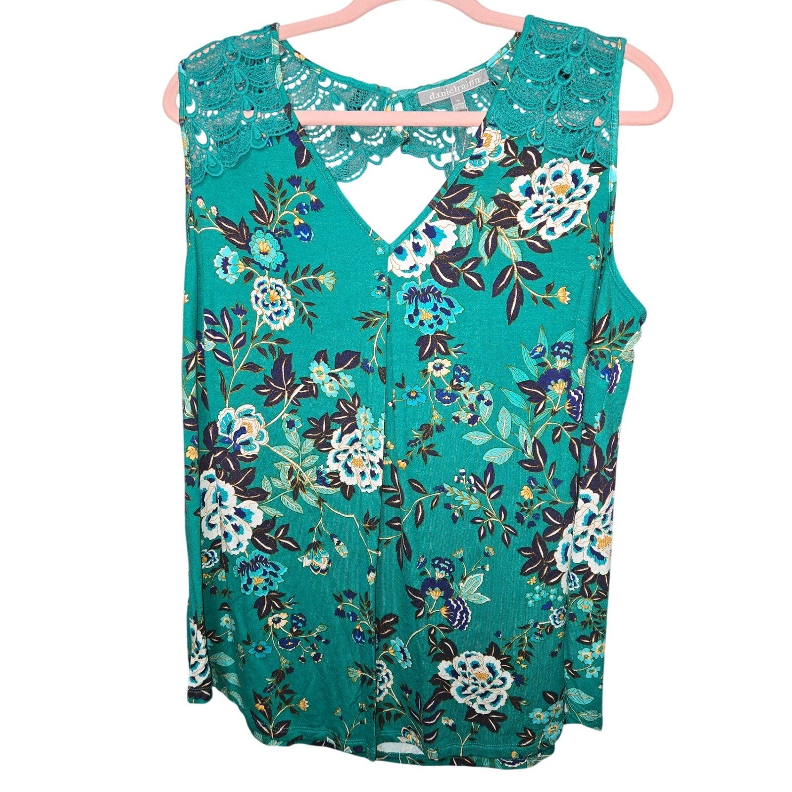 Daniel Rainn Teal Floral Crochet Lace Keyhole Sleeveless Top 1X DX16963RY2