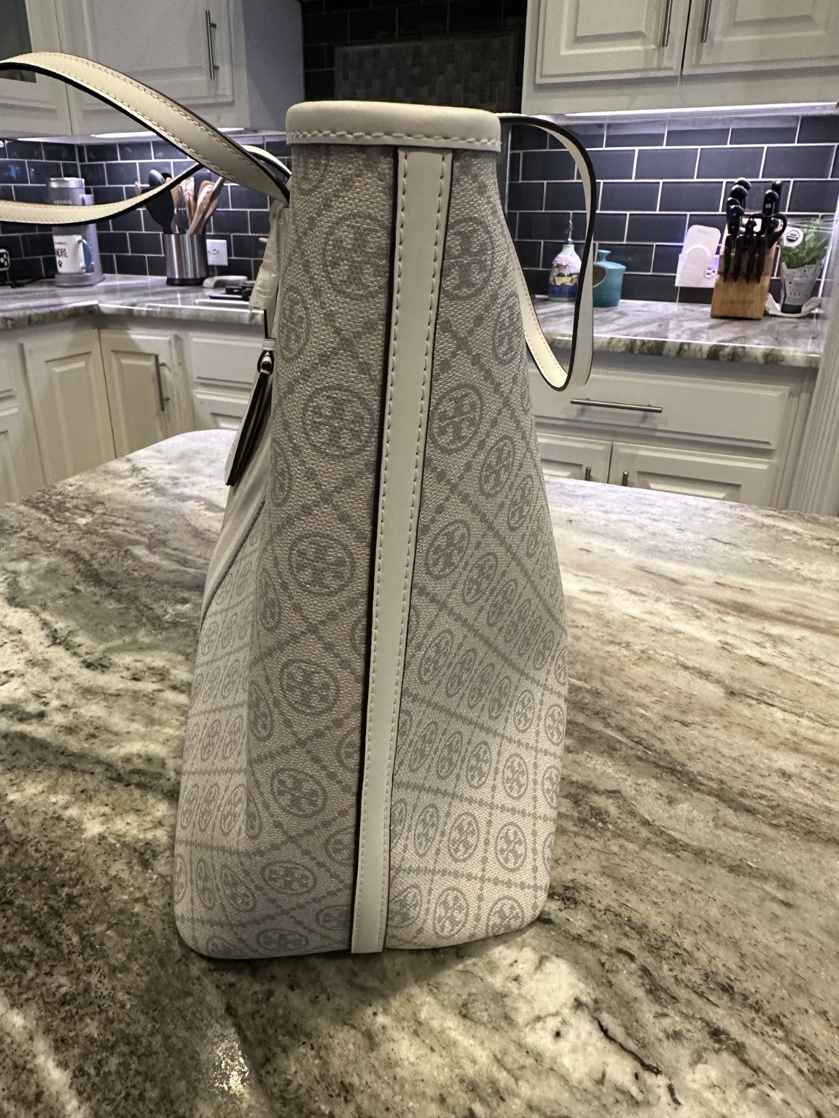 Tory Burch T Monogram Coated Canvas Zip Tote Ivory Laptop Work Bag NWOT