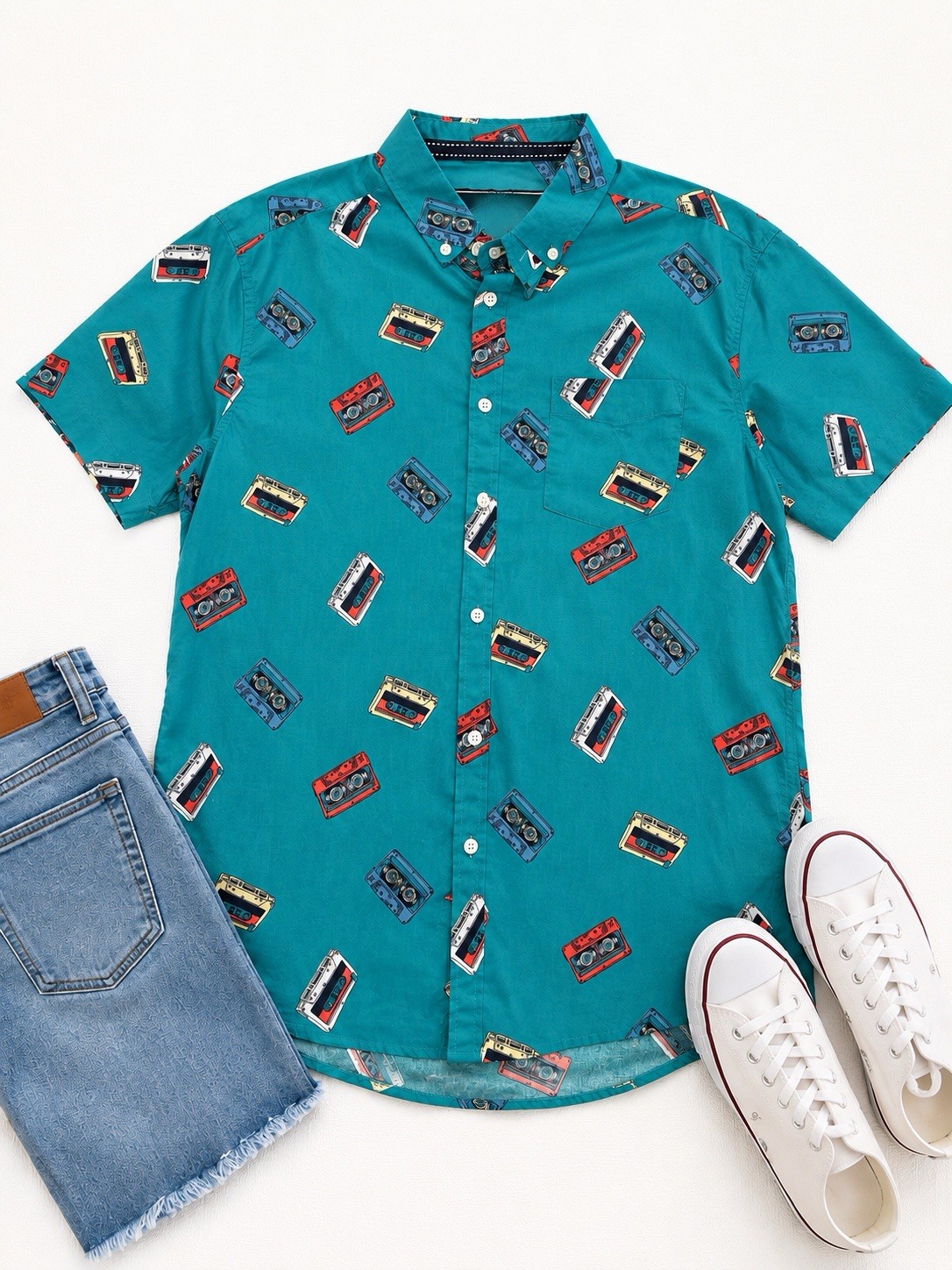 Five Points Industries Cassette Tape Print Shirt Men’s Medium Slim Fit Button Up