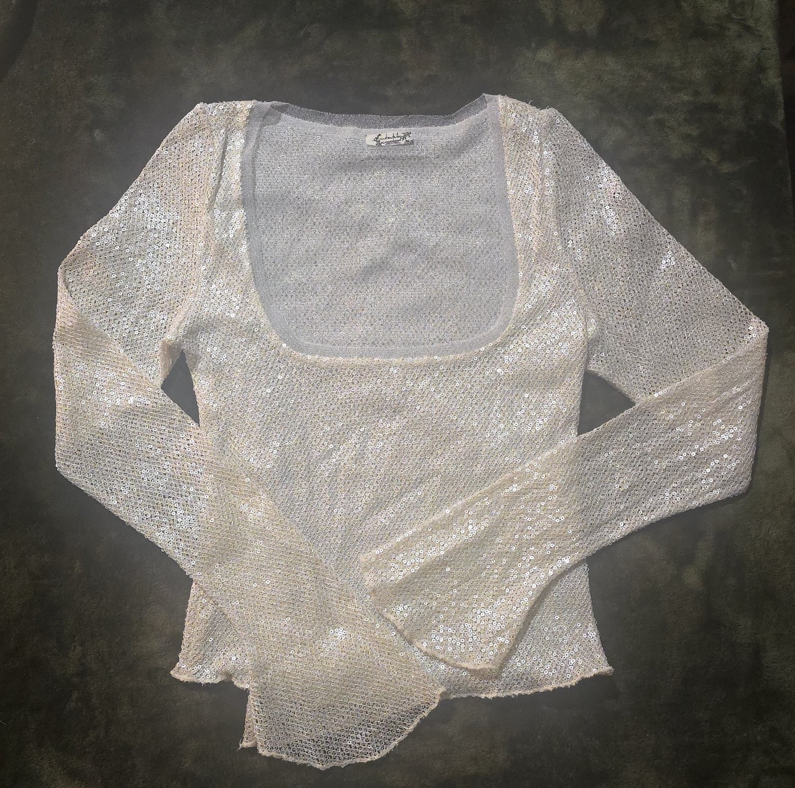 Free People Intimately Sheer Sequin Mesh Top Ivory Long Sleeve Sparkly Going-Out