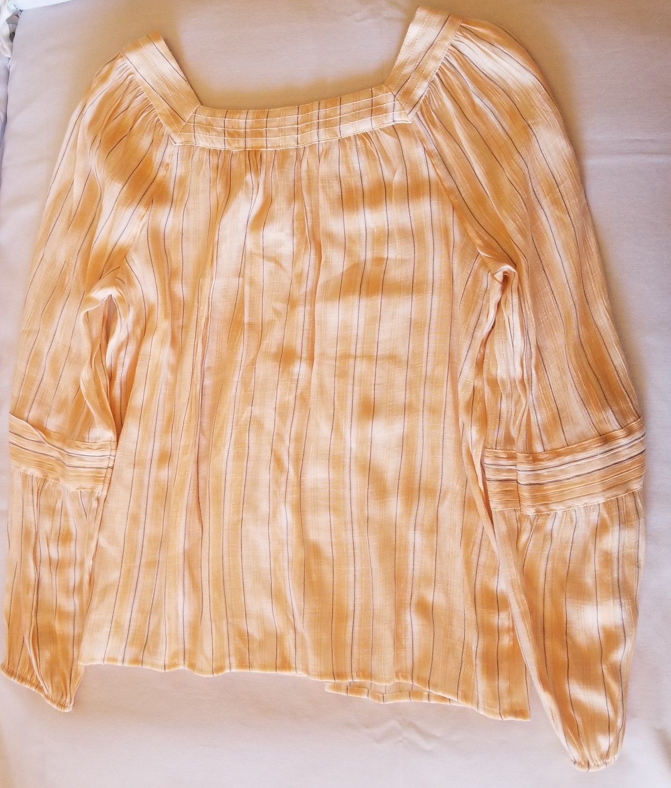 LC Lauren Conrad Peasant Blouse Peach Colored with Gray Pin Stripes Sz L Boho