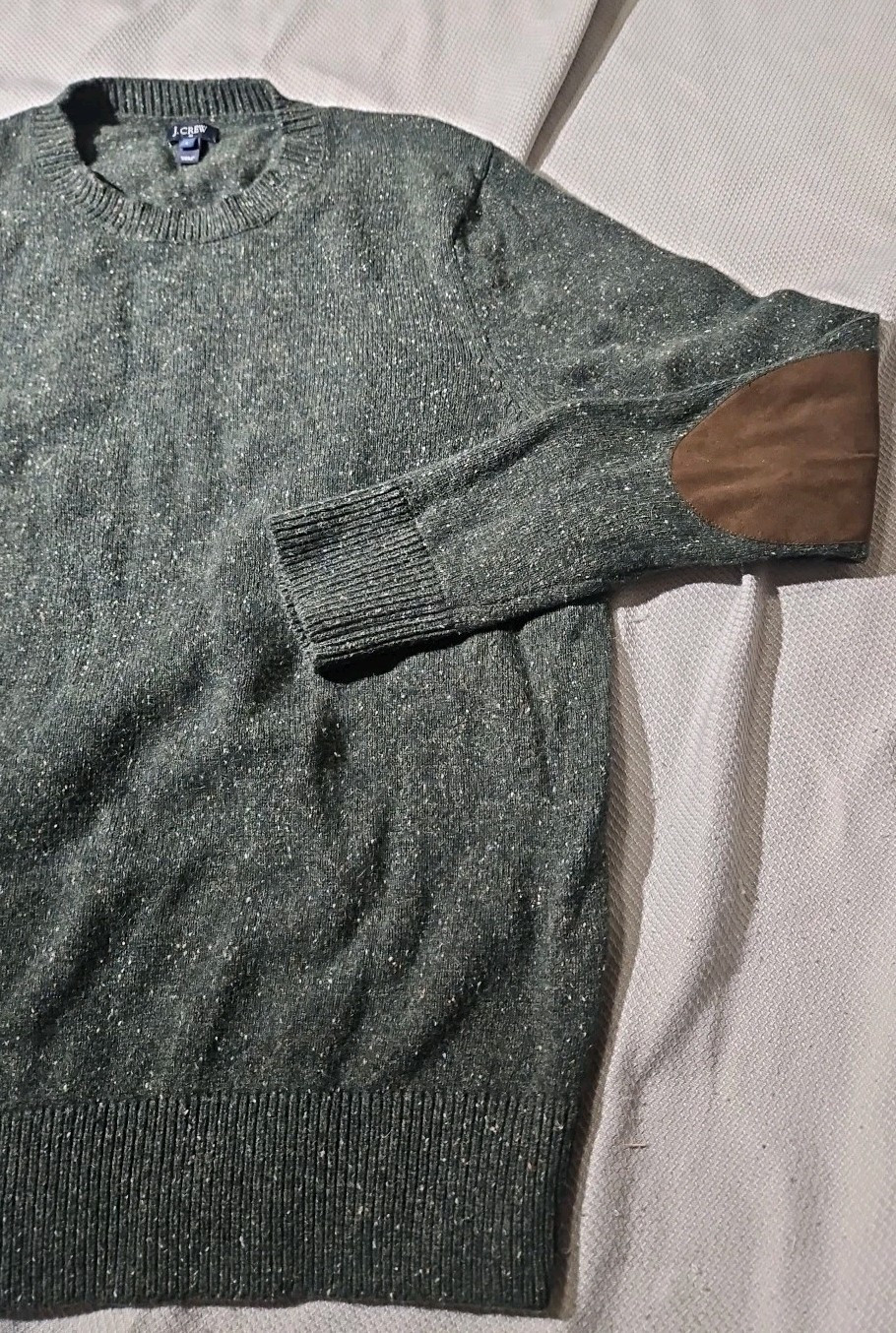 J Crew Sweater Men’s Large Green Ragg LambsWool Fleck Elbow Pad Preppy Grandpa