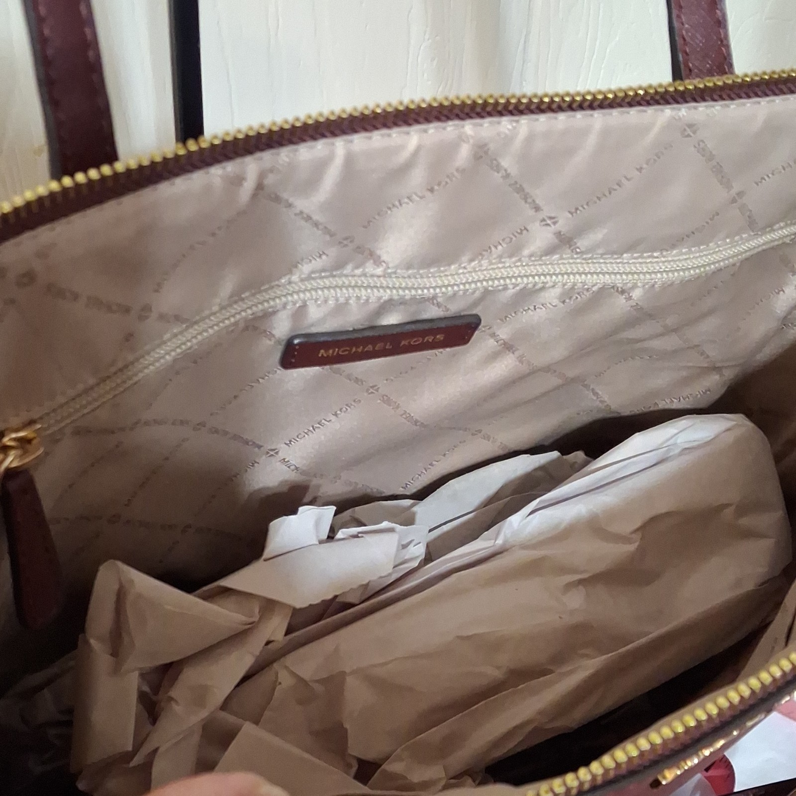 Michael Kors Burgundy Charlotte Large Tote Bag Zip Top Gold Hardware Charm