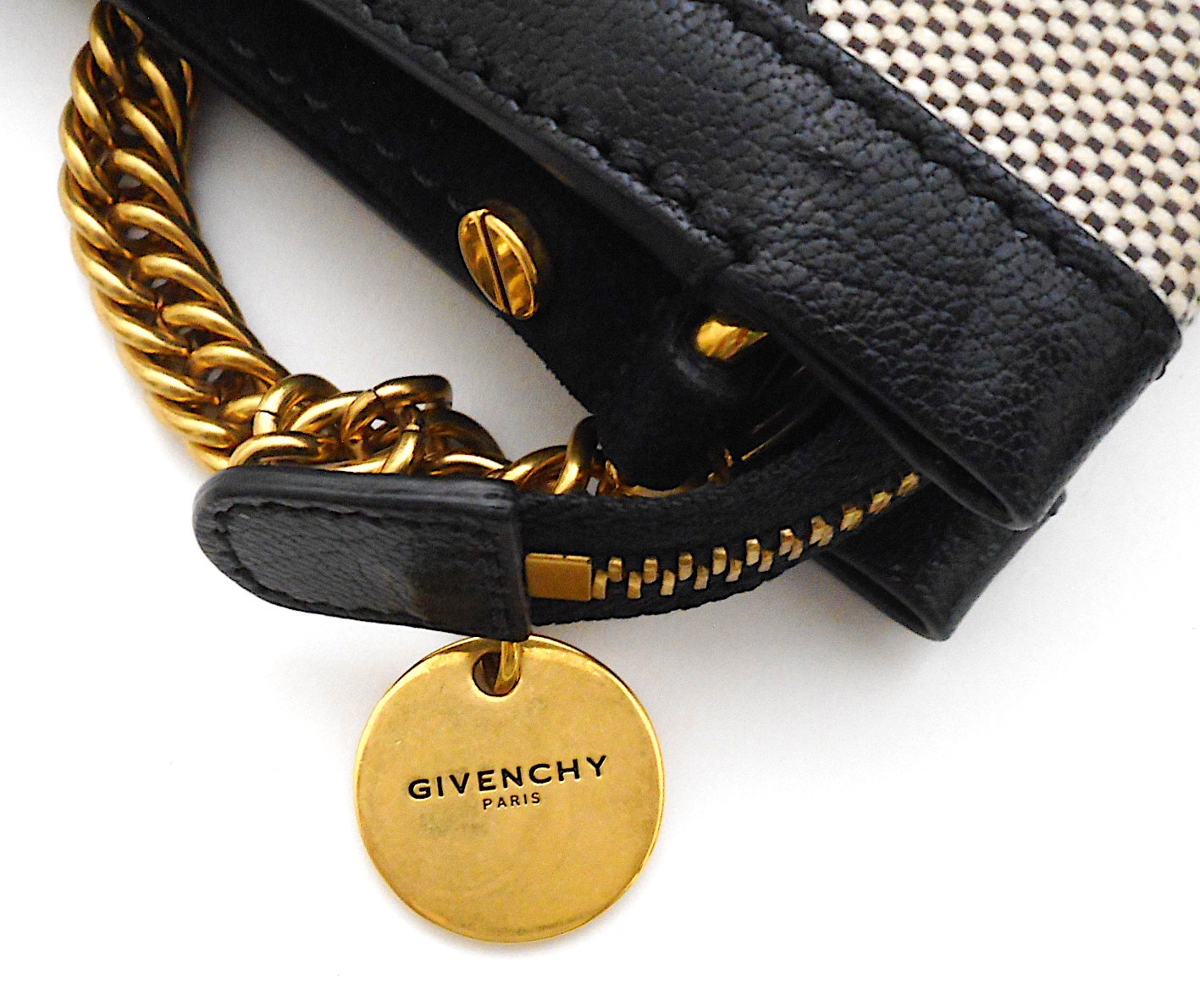 GIVENCHY PARIS Tan & Black Leather Trim Clutch Purse with Gold Tone Chain Handle