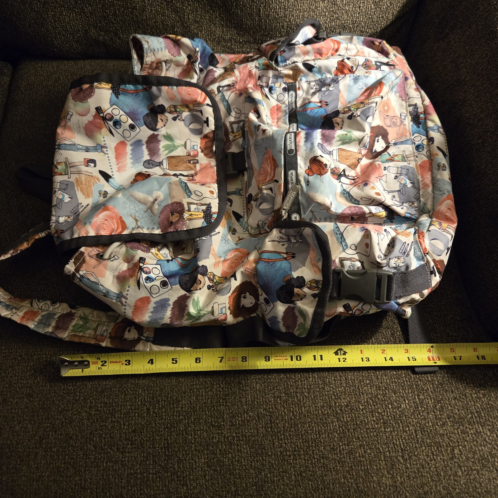 LeSportsac Voyager Backpack ‘Art School’ Cartoon Graphic Pink Lining 13″ x 16″