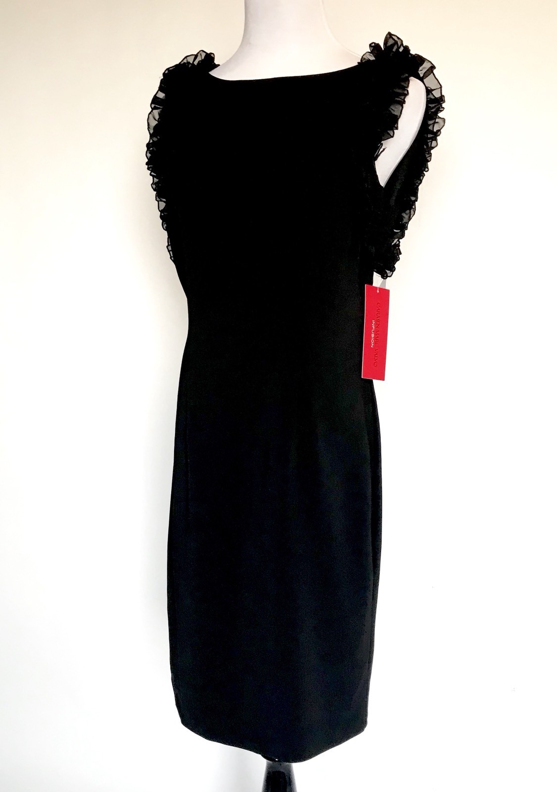 Carmen Marc Valvo Sz 8 Sheath Dress Black Ruffle Arms Retail $325 Price $148 NWT
