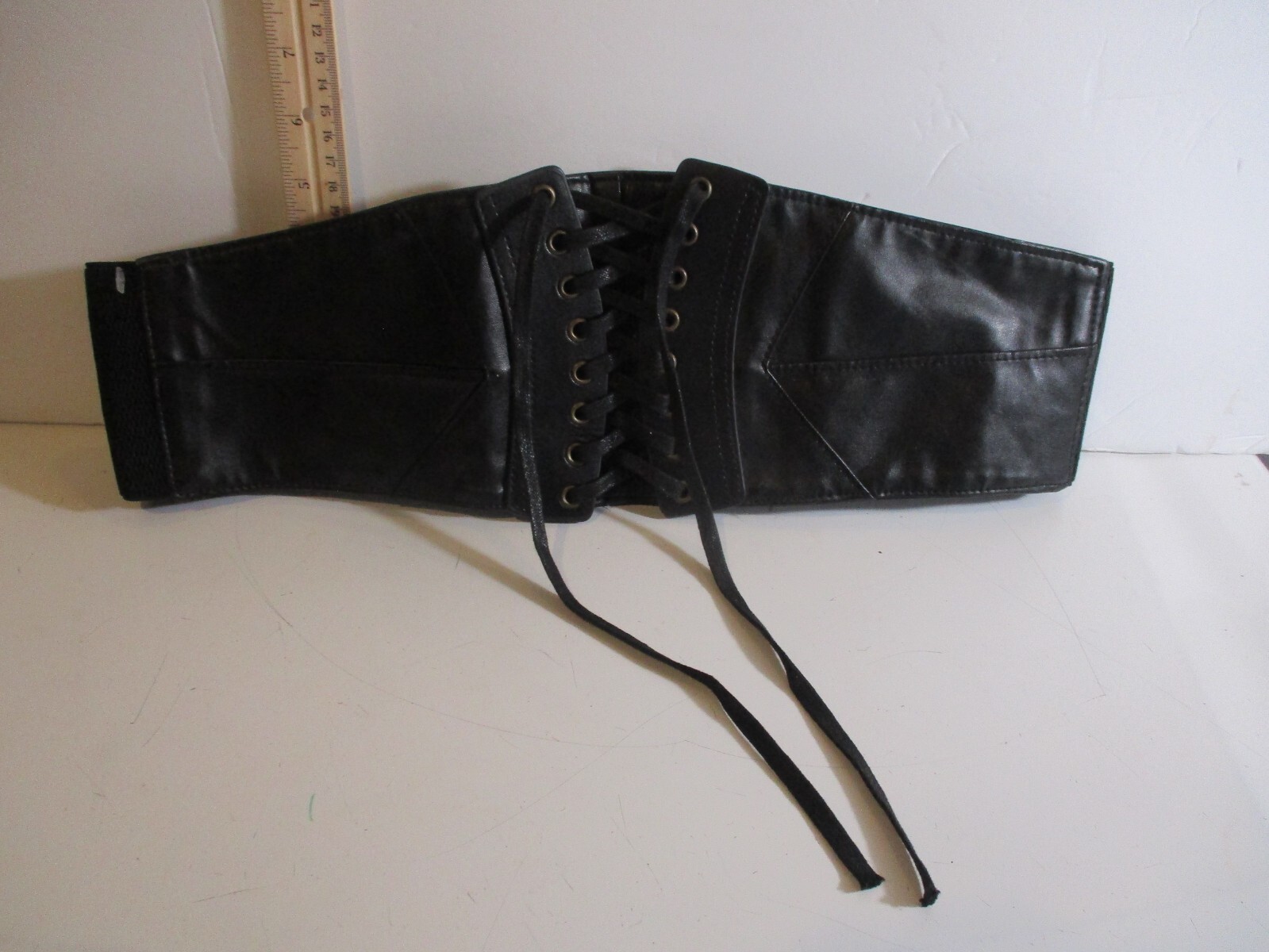 Black Faux Leather Elastic Lace Up Snap Corset Stretch Belt Women 4.5″ W X 35″ L