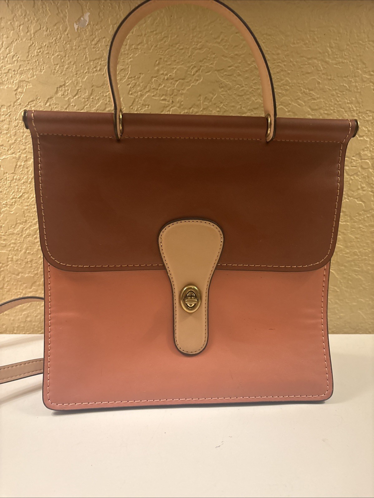 COACH WILLIS 2 Tone Brown LEATHER 2-WAY W HANDLE CROSSBODY BAG 10” Stain (o66