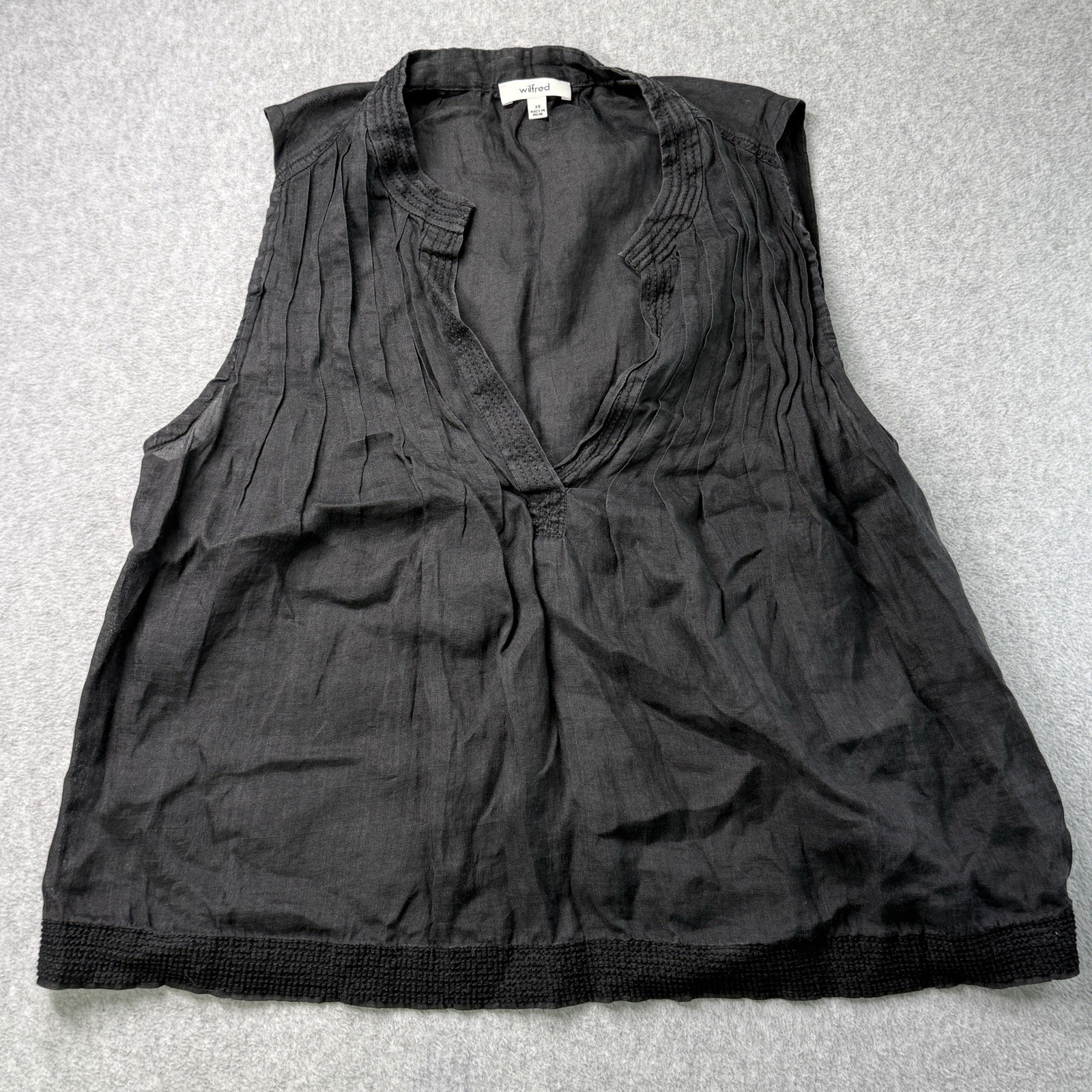 Wilfred 100% Ramie Sleeveless Pintuck Blouse Black Linen Look Top XS
