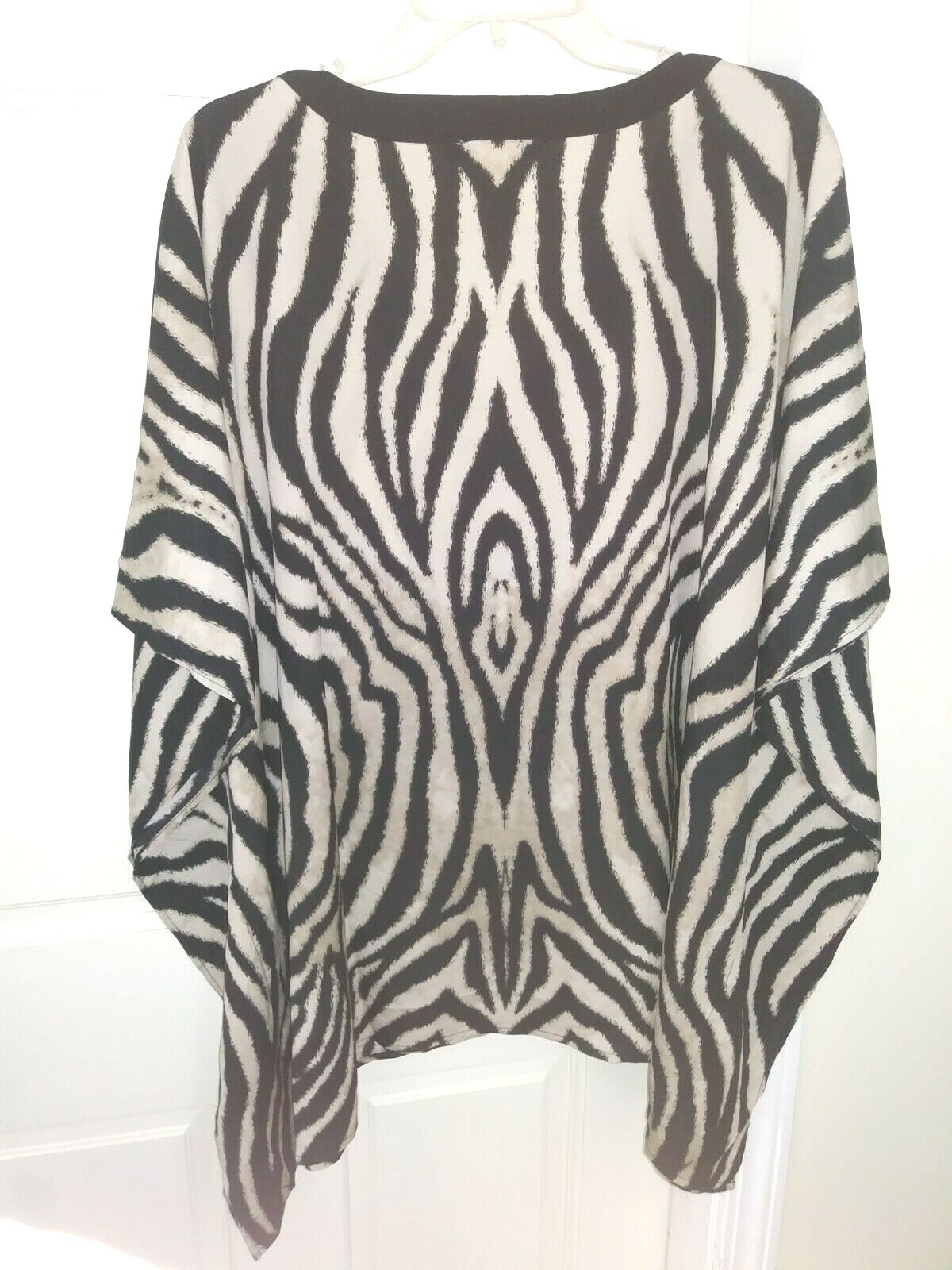 NEW Zebra Print Poncho Kimono Top~Plus 18/20~Black Beige Chain Ties Bling~#