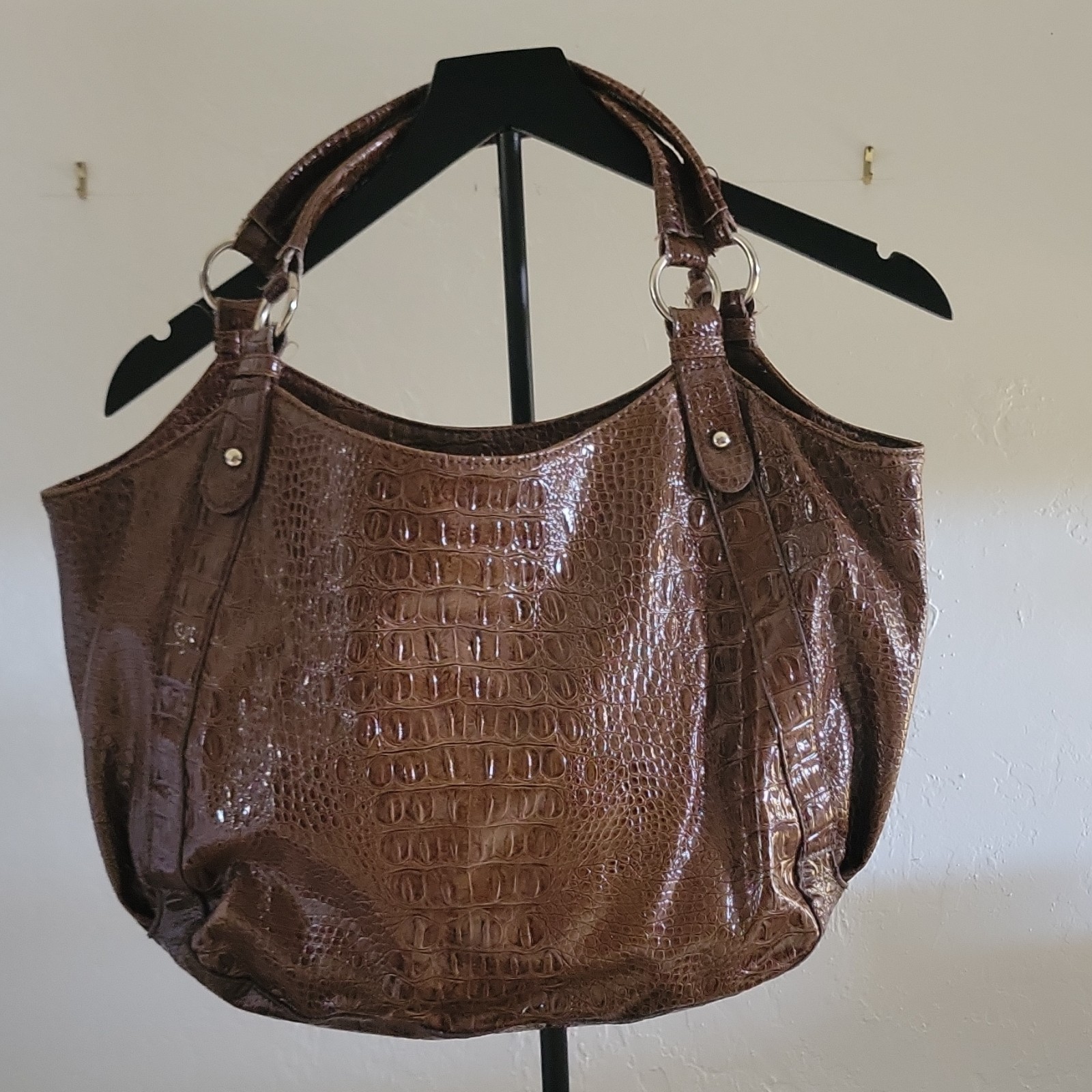 Sag Harbor Brown Croc Embossed Large Shoulder Bag, Snap Closure, Lined Pockets
