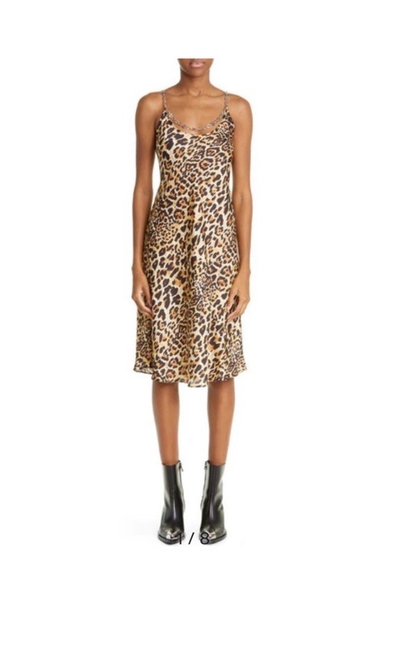 Paco Rabanne Leopard Print Satin Midi Slip Dress Chain Straps Scoop Neck 42