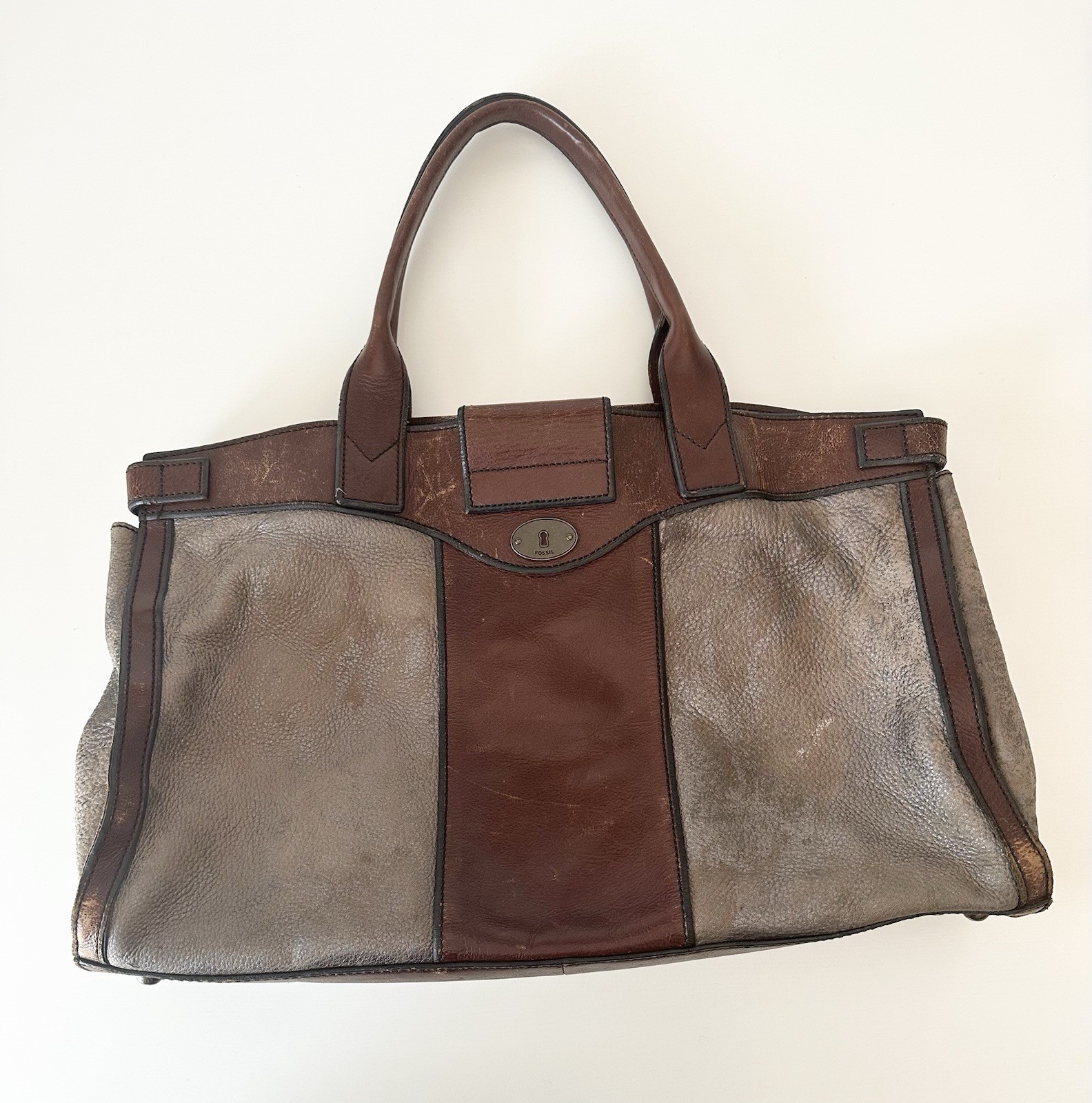 Fossil Colorblock Tote Bag Brown Gray Turn Lock Large Bottom Studs Inner Pockets